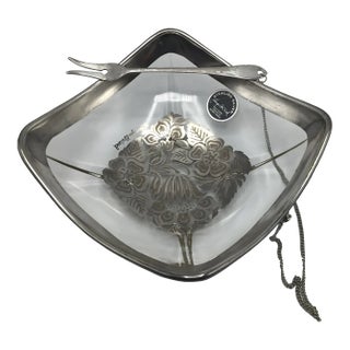 Georges Briard Glass Pickle Dish Bowl With Attached Cocktail Fork For Sale