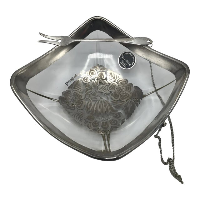 Georges Briard Glass Pickle Dish Bowl With Attached Cocktail Fork For Sale
