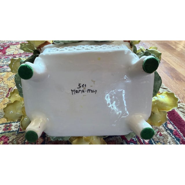 Vintage Italian Capodimonte-Style Porcelain Floral Arrangement Yellow Roses and Green Leaves Set Inside a White Textured Ceramic Basket. For Sale In Greensboro - Image 6 of 16