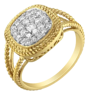 10K Yellow Gold Plated .925 Sterling Silver 1/2 Cttw Diamond Square Cushion Cluster Split Shank Cocktail Ring (J-K Color, I2-I3 Clarity) - Size 7