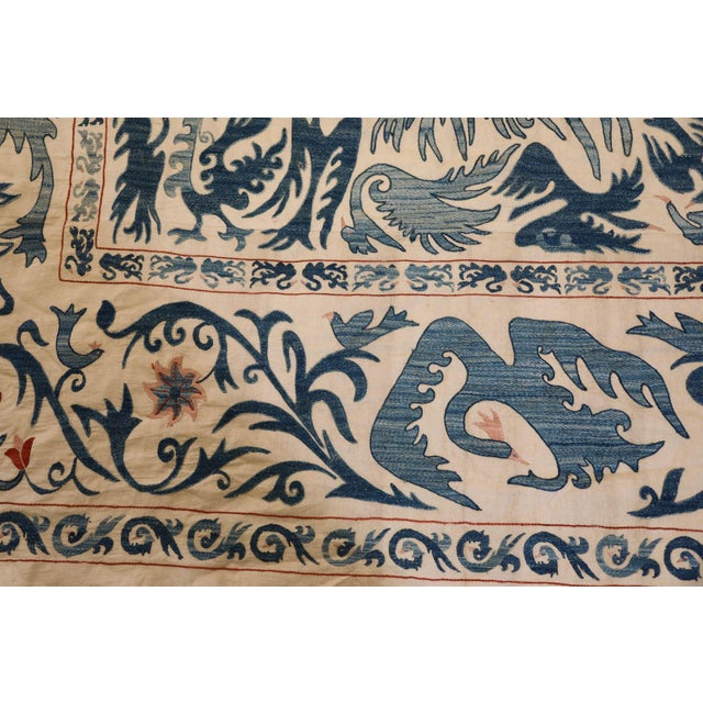 Vintage Blue Floral and Birds Suzani Uzbek Embroidered Textile For Sale - Image 10 of 12