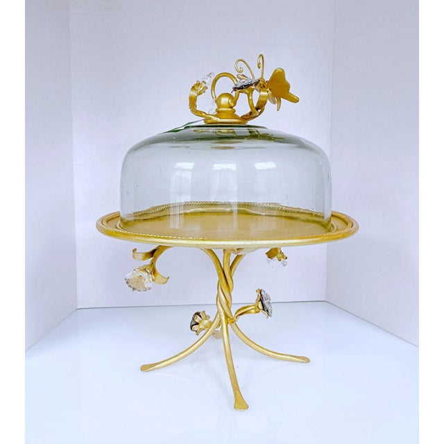 1990s Decorative Golden Iron Cake Stand With Glass Dome and Crystal Accents For Sale - Image 13 of 13