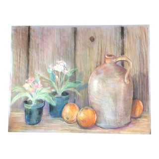 Original Vintage Impressionist Still Life Pastel Drawing Fruit/Flowers/Pot For Sale