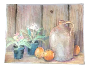 Original Vintage Impressionist Still Life Pastel Drawing Fruit/Flowers/Pot