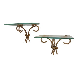Vintage Glass and Gold Gilt Twisted Metal Shelves - Set of Two For Sale