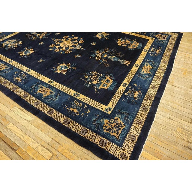 Early 20th Century Exceptional Navy Blue Color With Lovely Chinoiserie and Floral Design Antique Chinese Perking Rug For Sale - Image 5 of 10