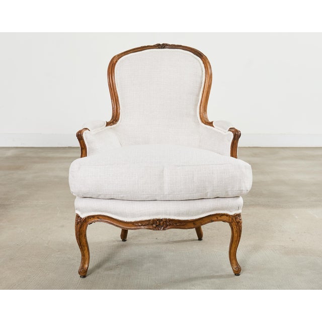 Light Gray Pair of French Louis XV Style Walnut Bergeres With Linen For Sale - Image 8 of 18