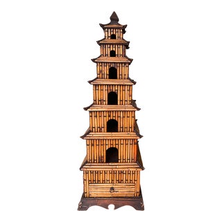 Vintage Split Reed Bamboo 7 Tier Pagoda Tower With Keepsake Drawer For Sale