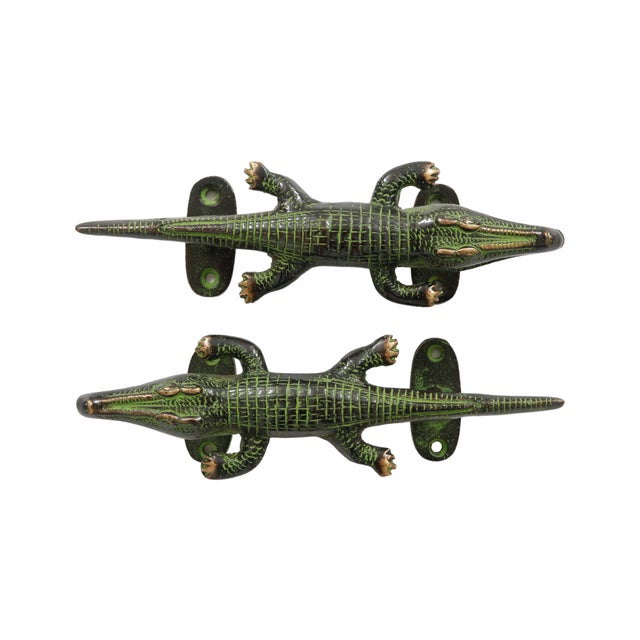 Hollywood Regency Green Brass Alligator Door Handles - A Pair For Sale - Image 3 of 5