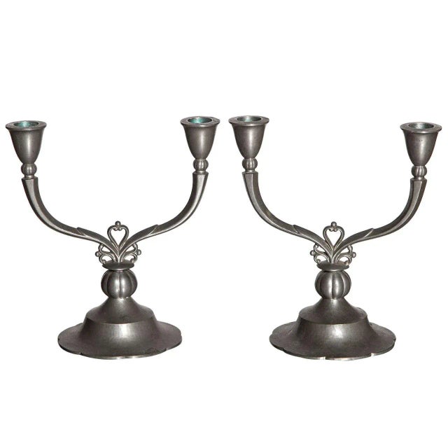Just Andersen Double Arm Crested Pewter Candlesticks - a Pair For Sale - Image 9 of 9