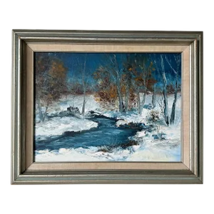1980's Vintage v. Janousek Impressionist Winter Landscape Oil Painting, Framed
