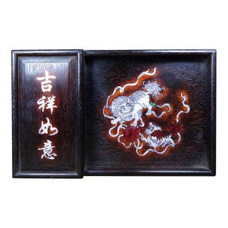 Vintage Chinese Rosewood Mother-of-Pearl Inlay Tea Tray With Sliding Compartment, Twin Foo Lions For Sale