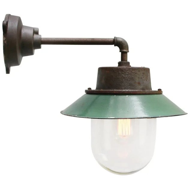 Vintage Industrial Clear Glass and Petrol Enamel Wall Light For Sale - Image 4 of 6