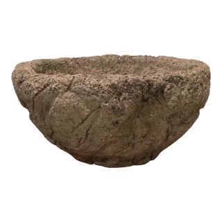Vintage Unique Rustic Hand Carved Stone Japanese Style Basin Planter Bowl For Sale