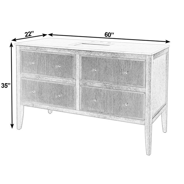 Coastal Bristol 60 in. W Marble and Wood 4 Drawer Ribbed Bathroom Vanity, Medium Oak For Sale - Image 3 of 9