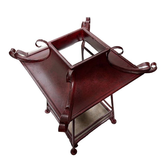 Chinoiserie Large Vintage Chinoiserie Iron Pagoda Lantern Candle Stand - Dark Red Maroon Finish For Sale - Image 3 of 5