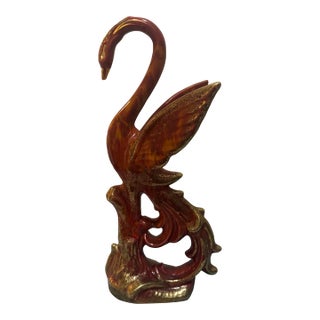 Vintage Mid-Century Hollywood Regency Ceramic Swan Figurine - Brown & Orange Drip Glaze For Sale