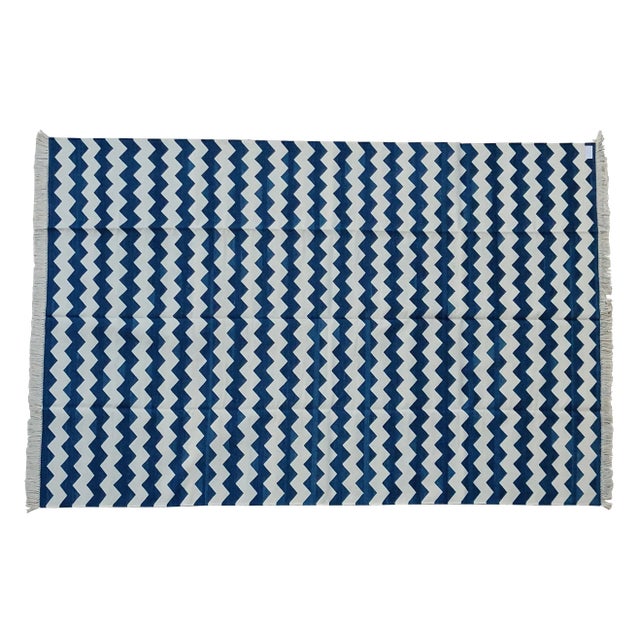 Handmade Cotton Small Chevron Rug, Blue And White - 8'x10' For Sale - Image 6 of 7