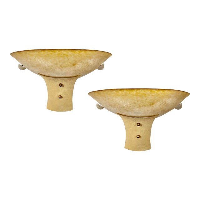 1940s Italian Pair of Art Deco Design Scavo Golden Murano Glass Sconces For Sale