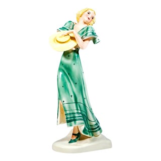 Art Deco Striding Girl with Hat Figurine attributed to Stephan Dakon for Goldscheider, 1930s For Sale