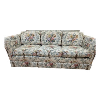 Vintage Baker Furniture 3-Seat Linen Floral Roll Arm Sofa With Skirt For Sale