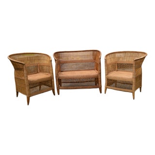 1970s Malawi Africa Handcrafted Tan Rattan Cane Woven Loveseat & 2 Chairs Set For Sale