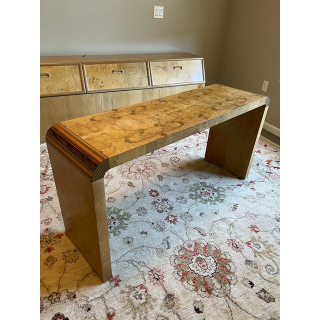 Vintage Henredon Scene Two burl wood console table crafted with exceptional attention to detail. Contemporary waterfall...