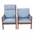 High-back armchair, low-back armchair and footstool with solid, lacquered mahogany frame, upholstered in blue wool....