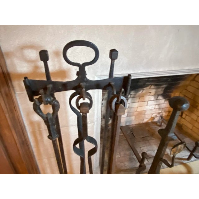 19th Century Antique 19th Century Traditional Large Hand Forged Iron Fireplace Tools - 6 Piece Set For Sale - Image 5 of 11