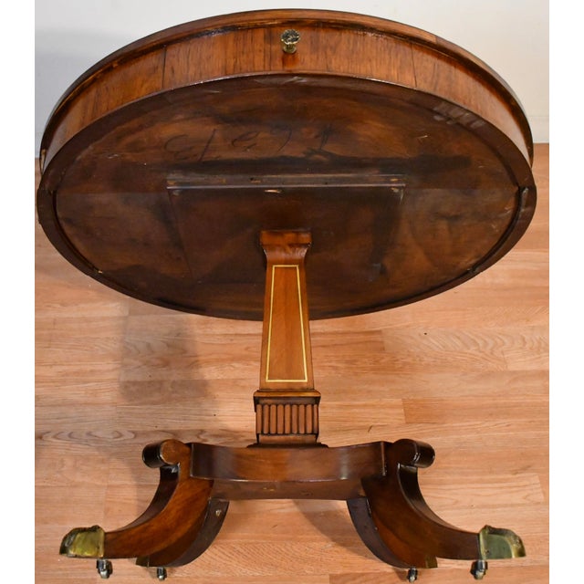 19th English Regency Rosewood Center Accent Table Brass Inlaid Top 2 Drawers For Sale - Image 13 of 16