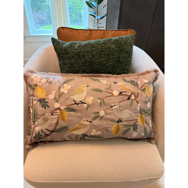 Lillian August Home Embroidered Botanical Bird Lumbar Pillow With Fringe Trim and Down Insert For Sale In Charleston - Image 6 of 6