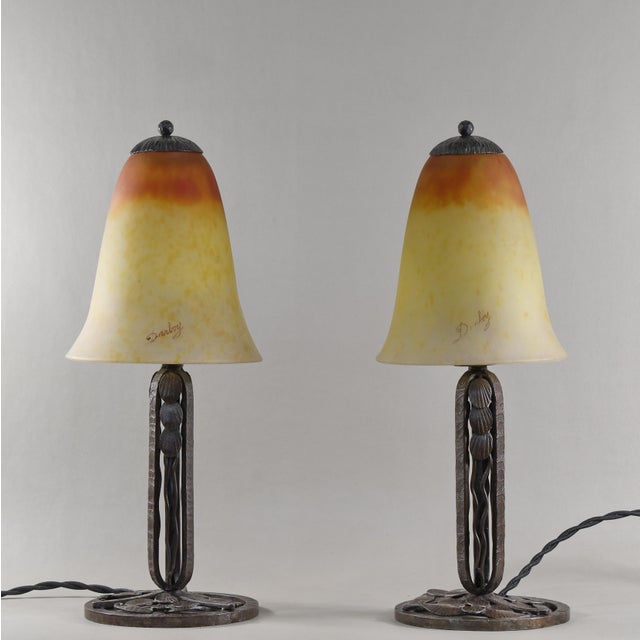 1920s Darboy & Daum Pair of French Art Deco Orange & Yellow Glass Wrought Iron Table Lamp 1920ss For Sale - Image 5 of 13