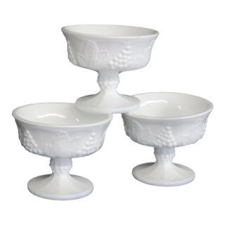 Mid 20th Century Indiana Glass Colony Harvest Pattern Milk Glass Champagne Goblets 3 pcs For Sale