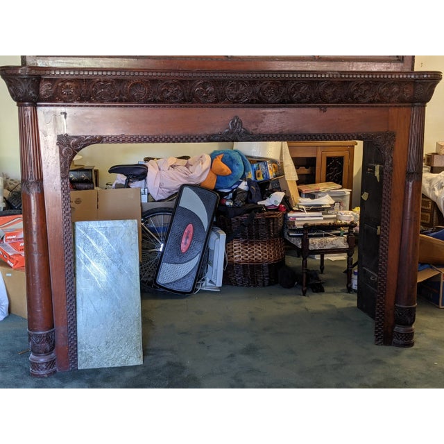 Majestic 9 Feet Vintage 19th Century 3 Tiers (Pieces) Carved Wood With 3 Pieces of Marble Fireplace For Sale In Boston - Image 6 of 8