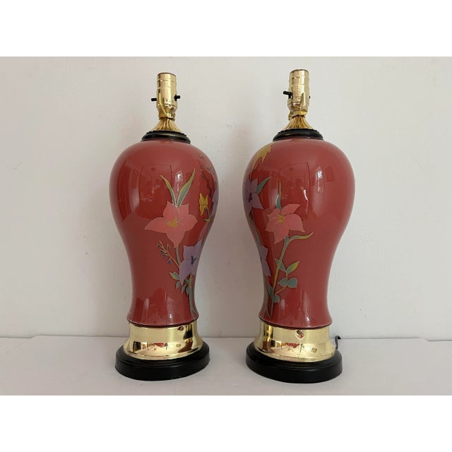 Burgundy 1970s Floral Vase Lamps & Shades - a Pair For Sale - Image 8 of 11