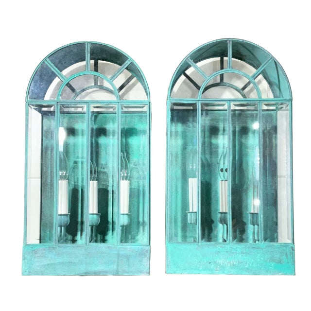 Pair of Vintage Solid Brass Wall Lanterns / Sconces With Rich Verdigris Patina For Sale