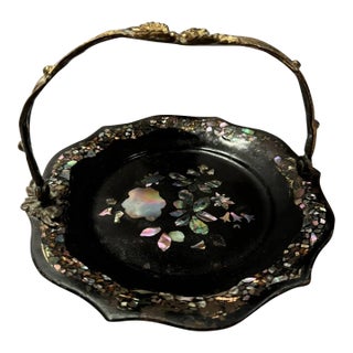 Antique English Victorian Paper Mache Cake Basket With Mother of Pearl Inlay For Sale