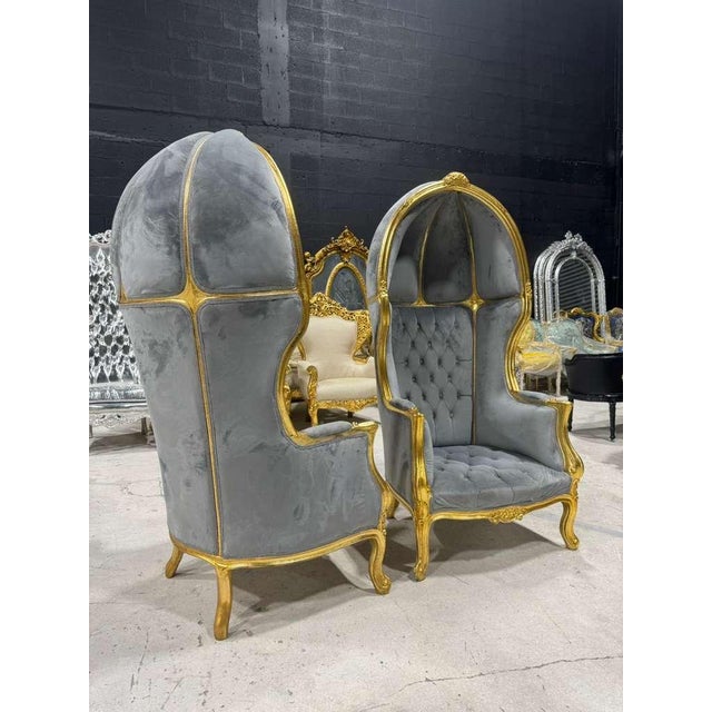 Textile French Balloon Chair – Gray Velvet High-Back Canopy Chair For Sale - Image 7 of 10