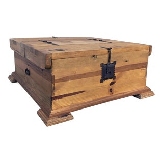 Vintage Rustic Pine Trunk Coffee Table With Forged Iron Hardware For Sale