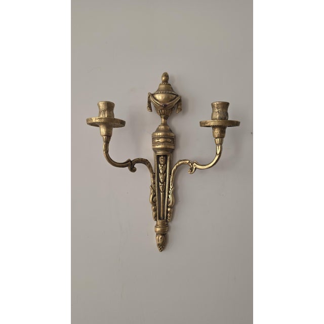 Early 20th Century Pair Vintage Bronze Wall Candle Sconces, French Regency Style Candelabra, Hollywood Regency Brass Wall Decor, Neoclassical Candle Holders For Sale - Image 5 of 14