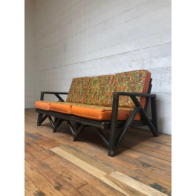 Mid Century Rattan Sofa With Vintage Vinyl Floral Cushions Chairish