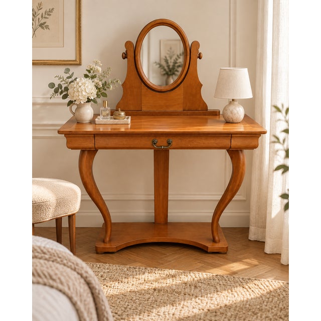 Cherrywood Console Dressing Table with Adjustable Oval Mirror, 1970s For Sale - Image 10 of 11