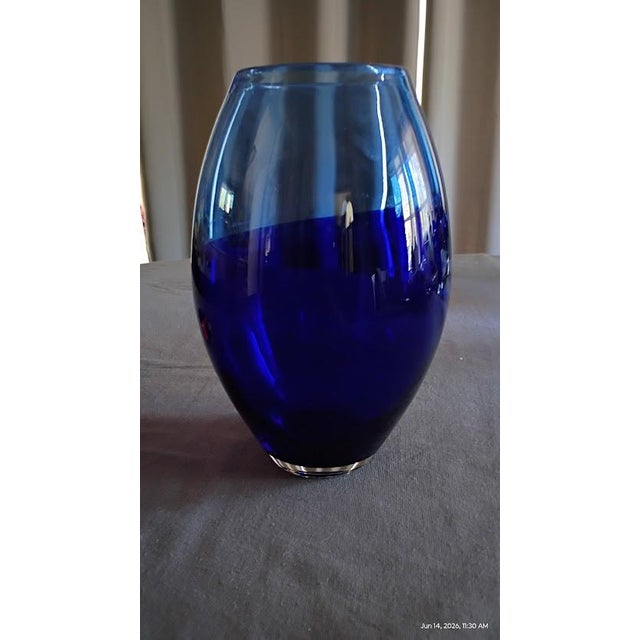 Mid-Century Modern Scandinavian Cobalt Blue Art Glass Vase | Heavy Hand Blown Mid Century Modern Statement Decor 9" For Sale - Image 3 of 9