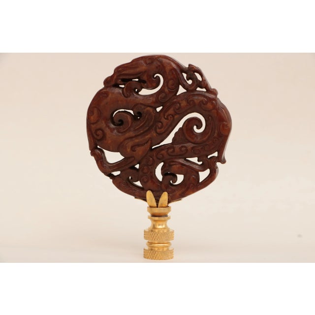 2020s Prancing Dragon Carved Stone Lamp Finial on Brass Hardware For Sale - Image 5 of 5