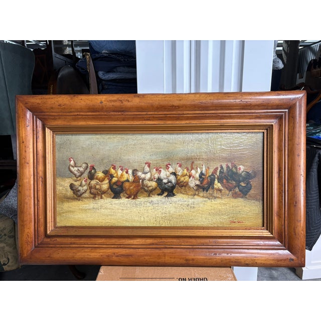 Late 20th Century Framed Oil on Canvas of Chickens "Bottom of Hen Party" by Trevor James, 20th Century For Sale - Image 5 of 10