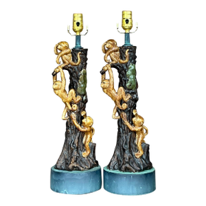 Vintage Boho Glazed Ceramic Monkey Tree Lamps - a Pair