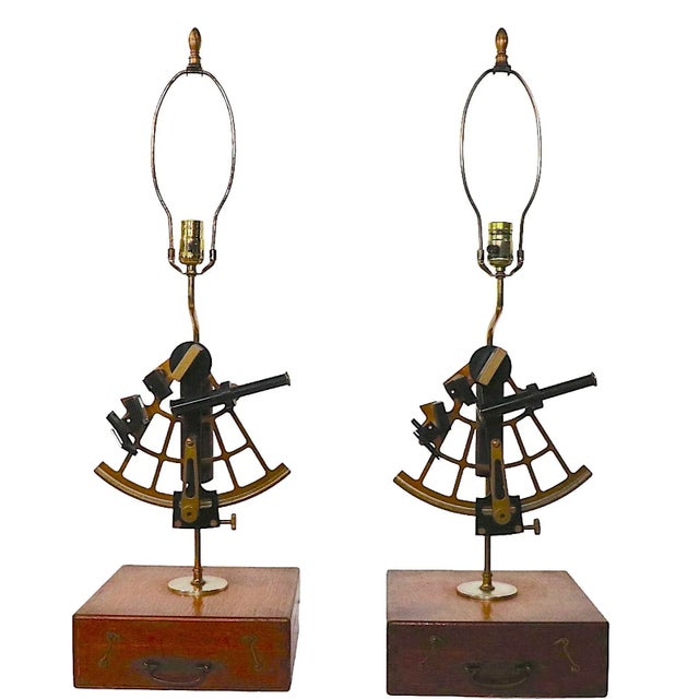 Rustic Pr. Vintage Rustic Sextant Table Lamps C.1970's For Sale - Image 3 of 12