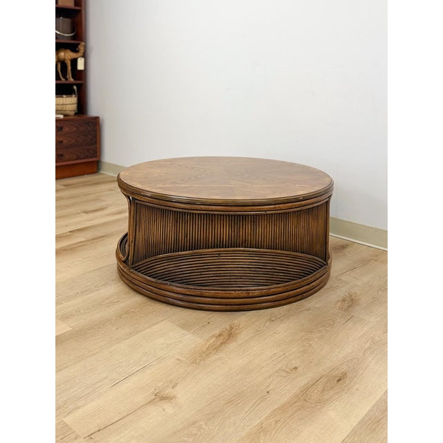 Mid 20th Century Pencil Reed Rattan Burlwood Inlay Round Coffee Table Gabriella Crespi Style Rare For Sale - Image 11 of 12