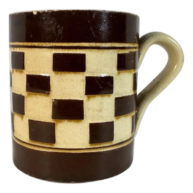 Antique Child's Mochaware Mug: Checkerboard Yellowware, Austrian 19th Century For Sale