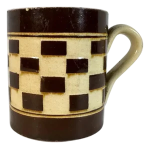 Antique Child's Mochaware Mug: Checkerboard Yellowware, Austrian 19th Century
